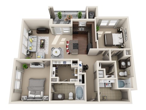 Floor plan for 2 beds, 2 baths, 1135 sqft